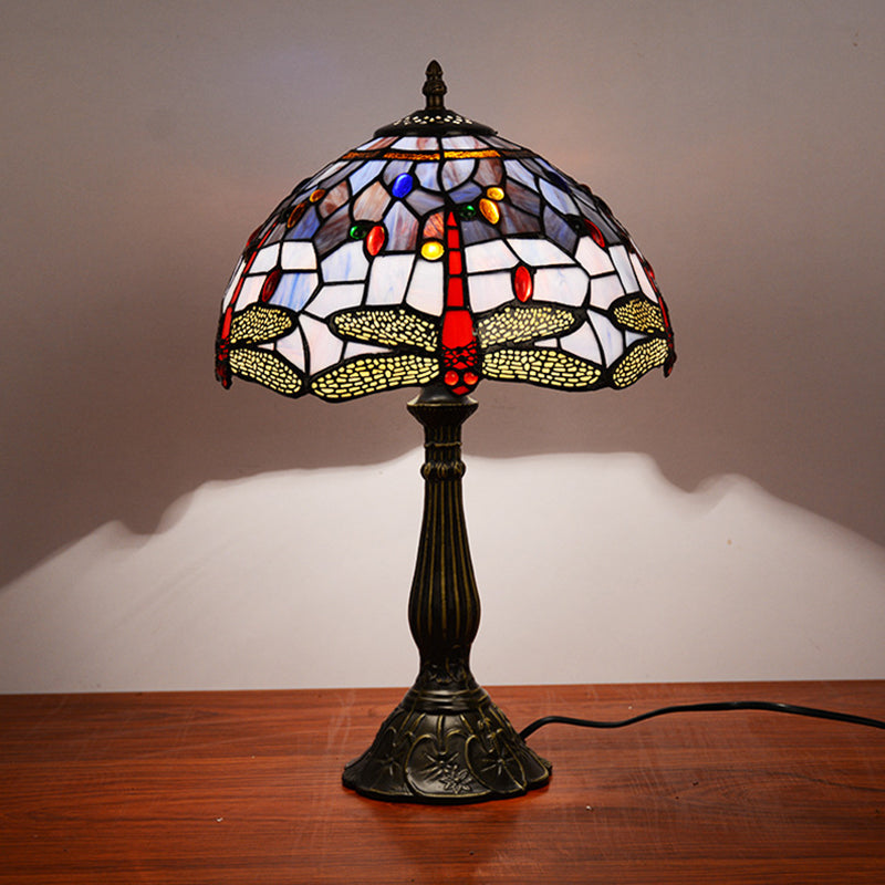 Dragonfly Stained Glass Tiffany Night Lamp - Elegant 1-Head Table Light In White/Yellow/Orange For