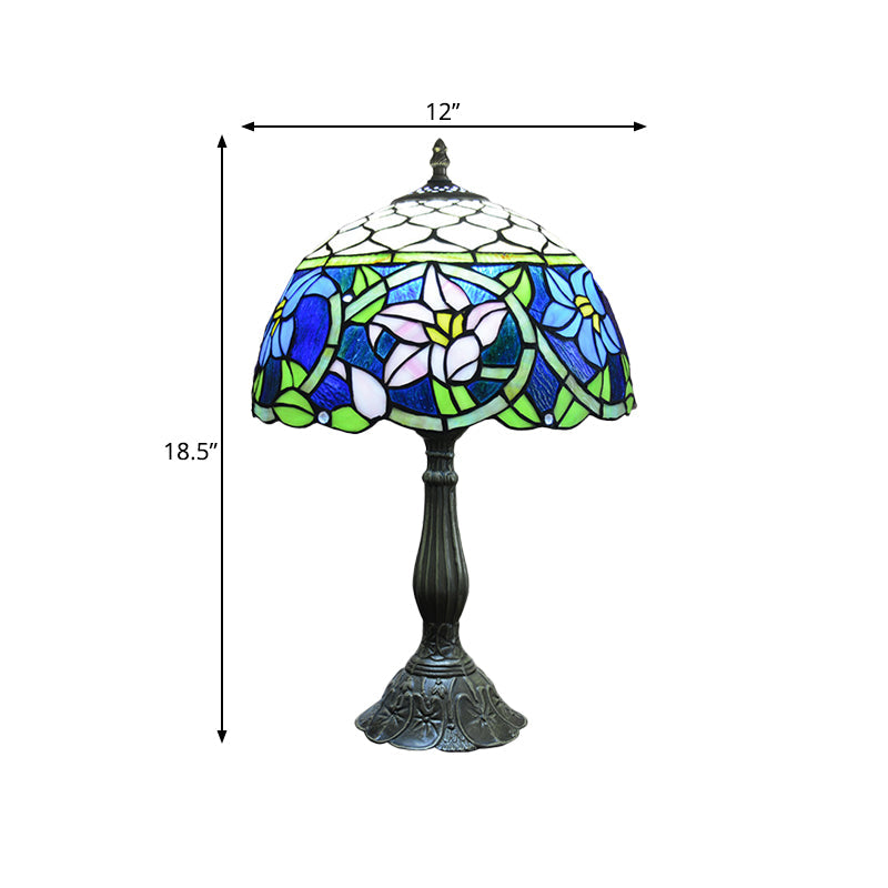 Tatiana - Blue Glass Daffodils Night Light: Mediterranean Bronze Table Lamp With