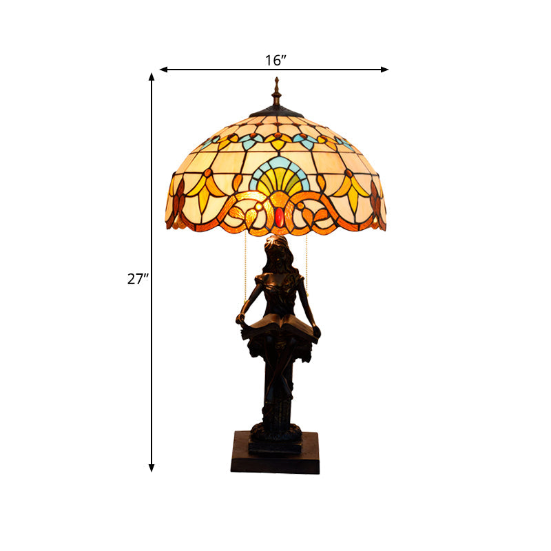 Isla - Girl Studying Tiffany-Style Table Light: 2-Bulb Resin Night Lamp With