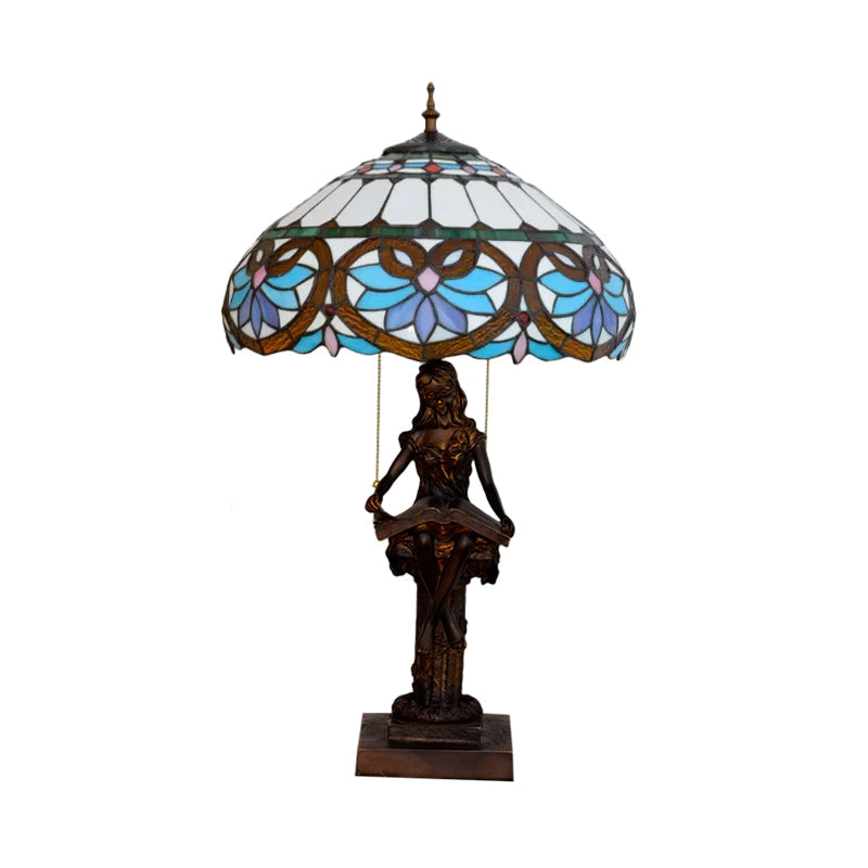 Tiffany-Style Study Table Lamp With Pull-Chain 2 Bulbs And Beautiful Glass Shade