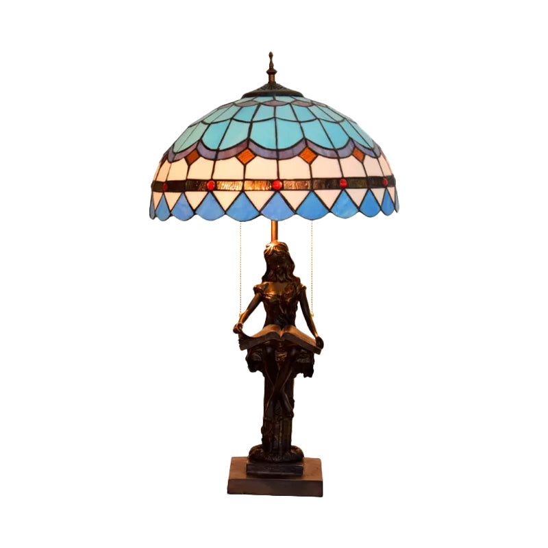 Isla - Girl Studying Tiffany-Style Table Light: 2-Bulb Resin Night Lamp With