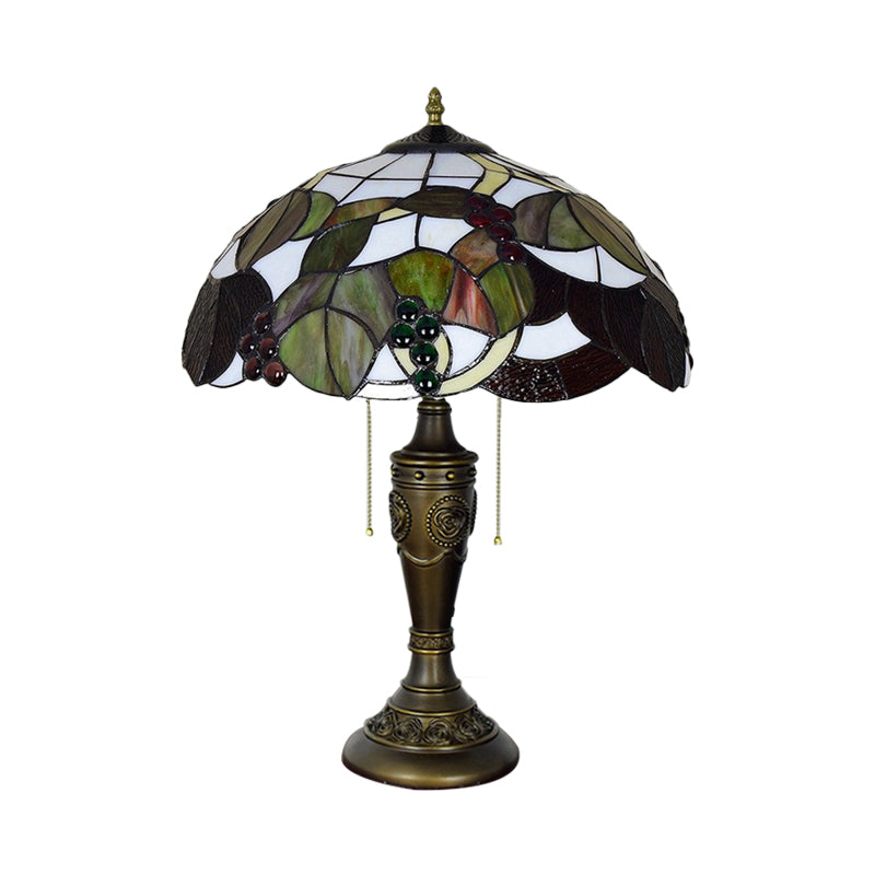 Aubrey - Tiffany 2 Heads Bowl Pull Chain Table Lighting Brown/White-Brown Glass Nightstand Lamp