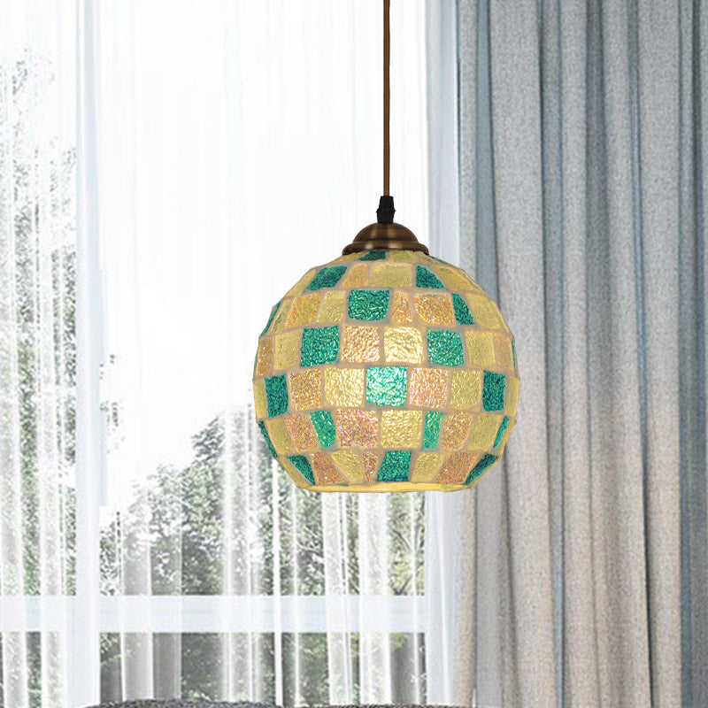 Checkered Globe Pendant Lamp - Tiffany Style Green And White Glass Hanging Light Fixture