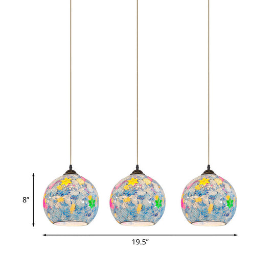 Tiffany Glass 3-Bulb Pendant Lamp With Light Blue Multi Leaf-Pattern Globe - Baroque Ceiling