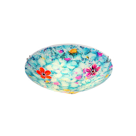 Hand-Cut Blue Glass Tiffany Flower Bowl Flush Light Fixture - 16 Or 19.5 Wide With 3 4 Lights Close
