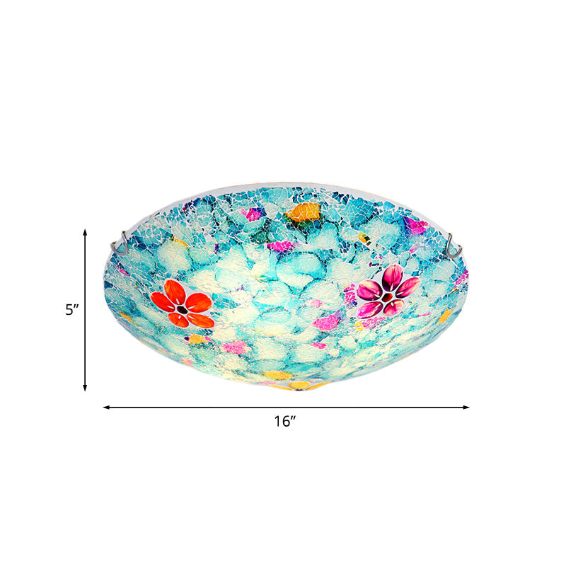 Hand-Cut Blue Glass Tiffany Flower Bowl Flush Light Fixture - 16 Or 19.5 Wide With 3 4 Lights Close