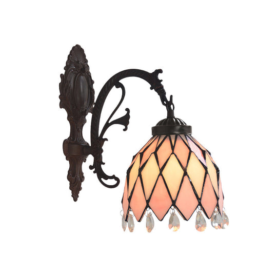 Tiffany Bronze Lattice Bowl Wall Lamp With Stained Glass Sconce And Crystal Accent