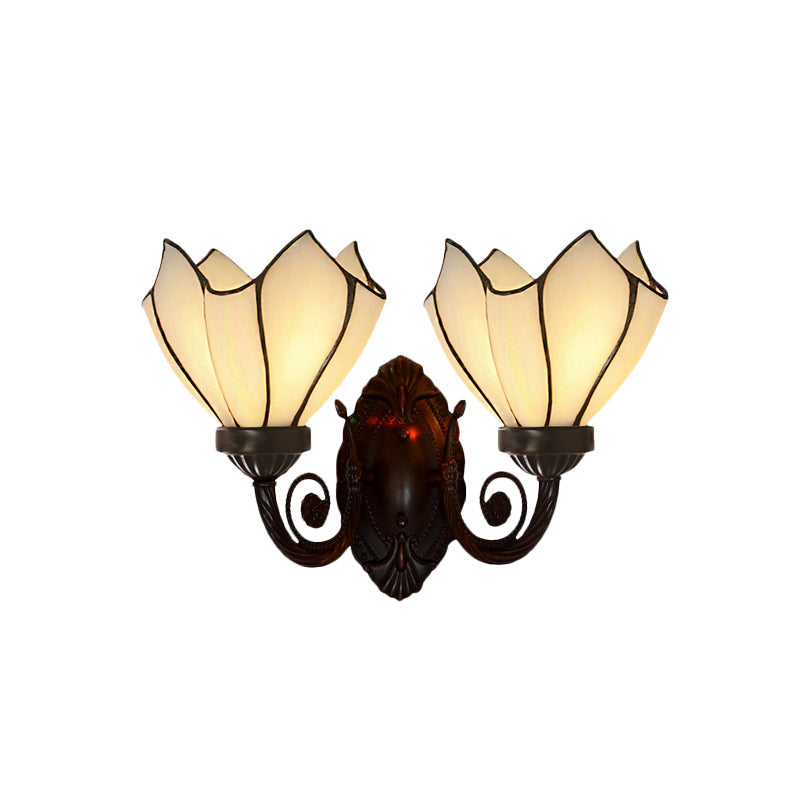 White/Pink Glass Petal Wall Sconce With Swirl Arm - 2 Lights Mediterranean Lighting Fixture For