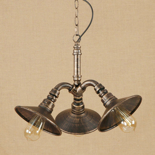 Vintage Cone Chandelier - Elegant 3-Bulb Wrought Iron Hanging Light In Bronze For Restaurants