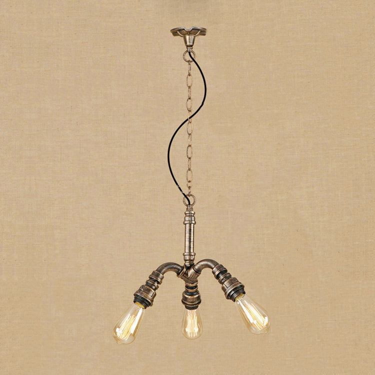 Antique Bronze 3-Light Open Bulb Chandelier - Farmhouse Hanging Fixture With Stylish Pipe Design