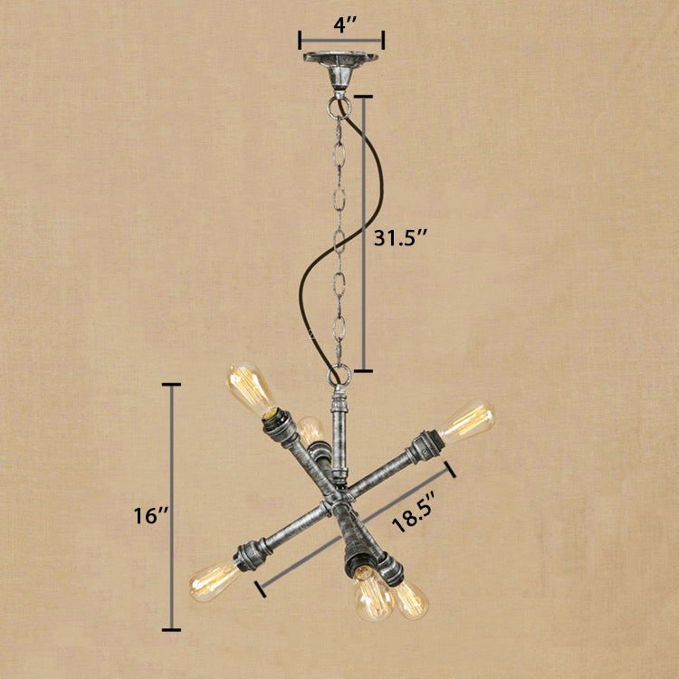 6-Bulb Antique Silver Sputnik Restaurant Chandelier With Iron Hanging Lighting And Pipe