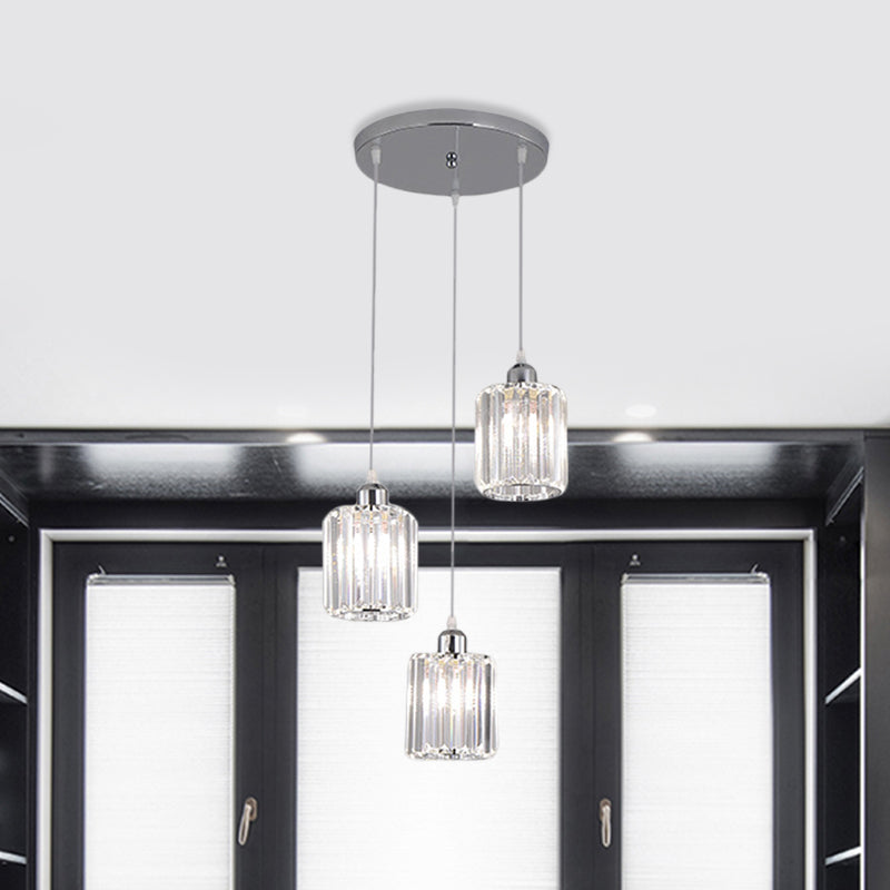 Modern Clear Crystal Cylinder Pendant Light With Chrome Finish - 3 Bulb Hanging Lamp Kit