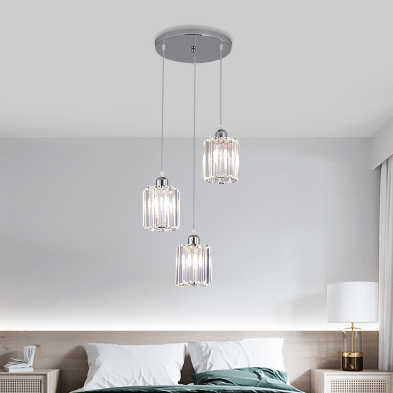 Modern Clear Crystal Cylinder Pendant With Chrome Finish - 3 Bulb Hanging Lamp Kit