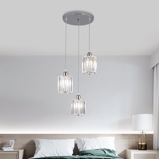 Modern Clear Crystal Cylinder Pendant With Chrome Finish - 3 Bulb Hanging Lamp Kit