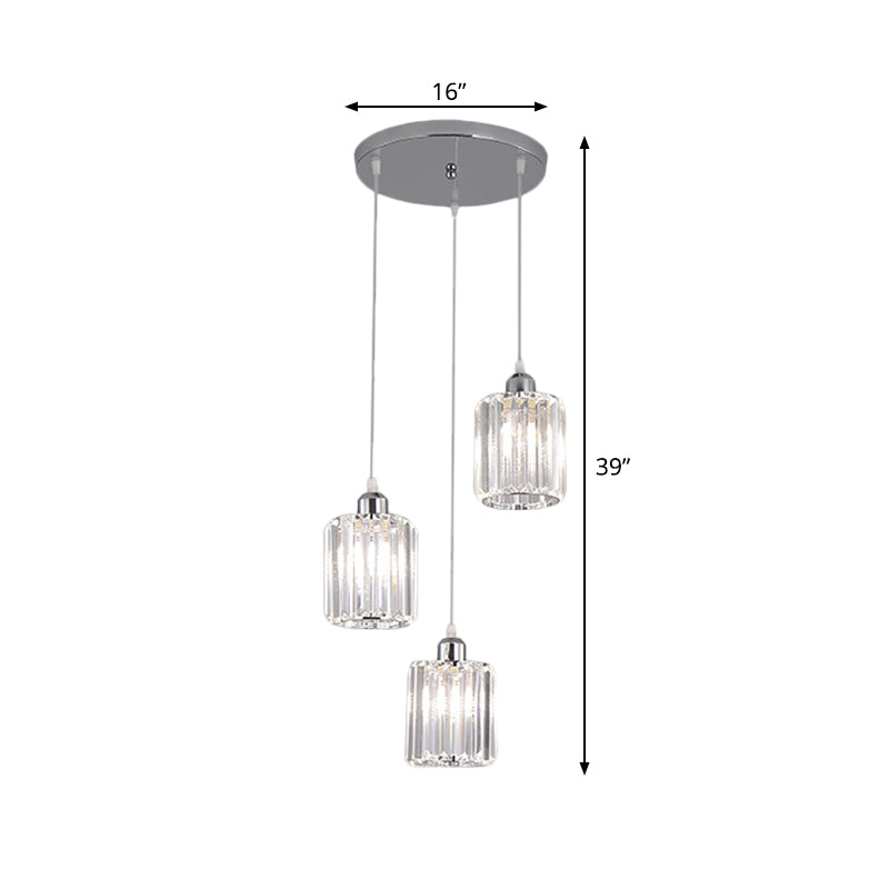 Modern Clear Crystal Cylinder Pendant With Chrome Finish - 3 Bulb Hanging Lamp Kit