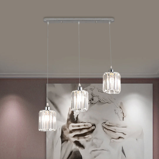 Minimal Chrome Pendant Ceiling Light With Cylinder Crystal Shade - 3-Light Restaurant Multi Clear