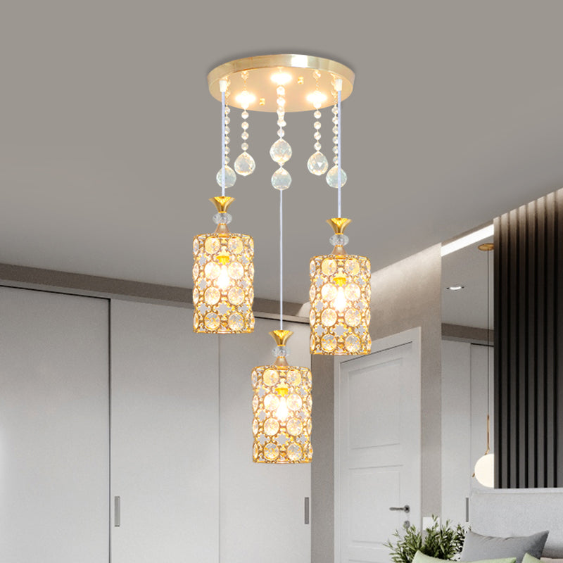 Contemporary Gold Finish Crystal-Encrusted Hanging Lighting With 3 Bulbs