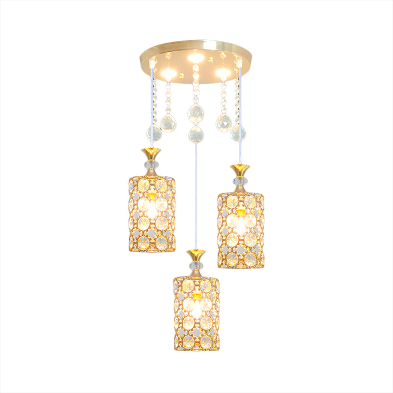 Contemporary 3-Bulb Multi Pendant With Crystal-Encrusted Gold Cylinder