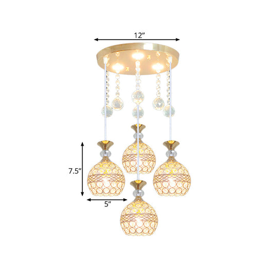 Gold Crystal Encrusted Multi-Pendant Ceiling Light For Dining Room With 3 Bulbs