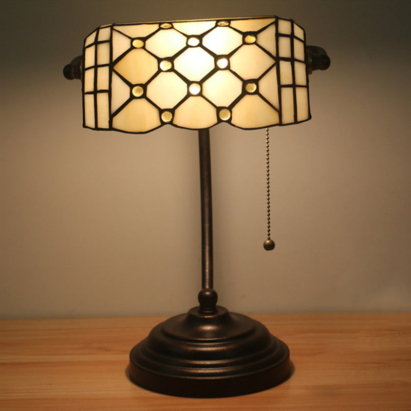 Jeweled Beige Glass Pull Chain Tiffany Style Table Lamp In Blue/Gold With Curved Arm Yellow