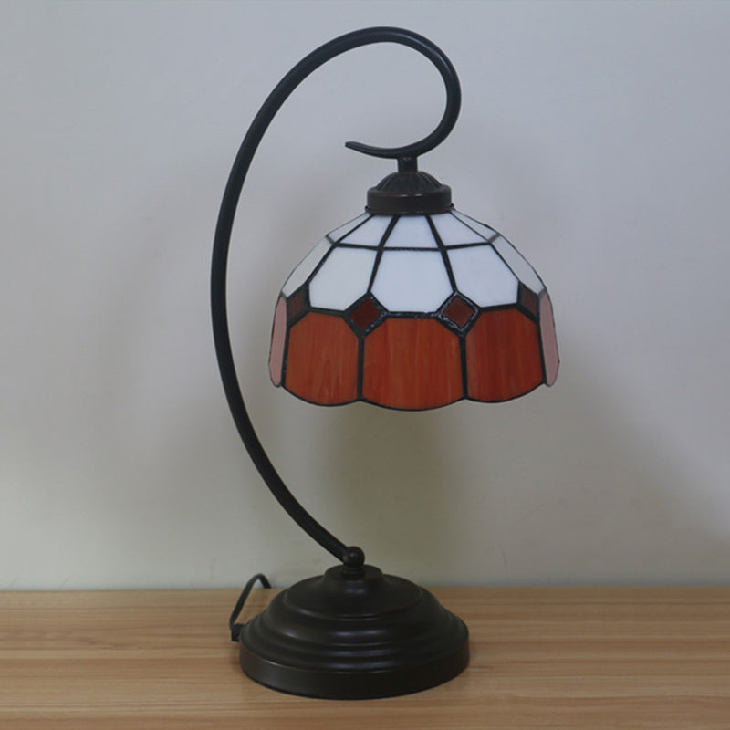 Tiffany Hand Cut Glass Red/Pink Grid Patterned Nightstand Lamp With Domed Shape And Curved Arm