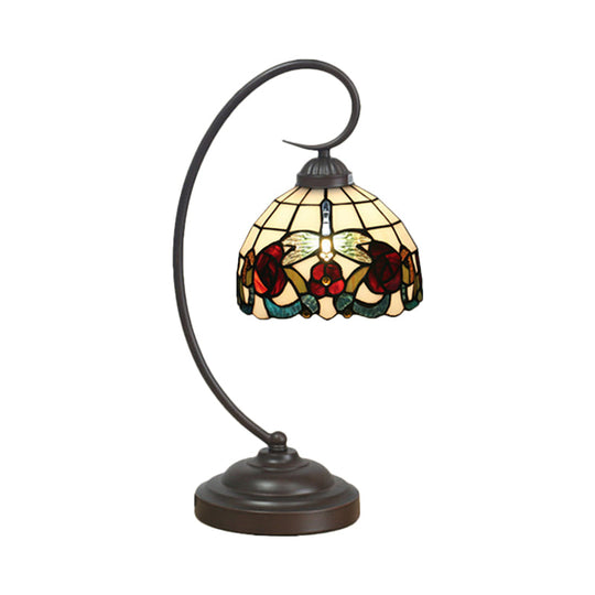 Tiffany Stained Glass Nightstand Lamp - Dome Shaped Night Table Light With Butterfly And Flower