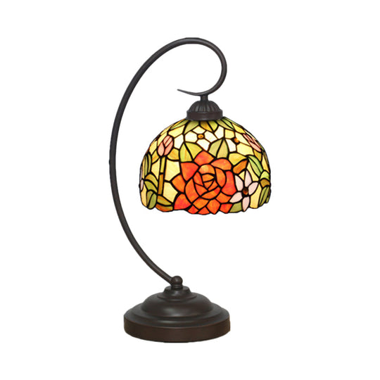 Hand Cut Glass Victorian Dome Shade Table Light With Rose Pattern - 1 Red/Orange Nightstand Lighting