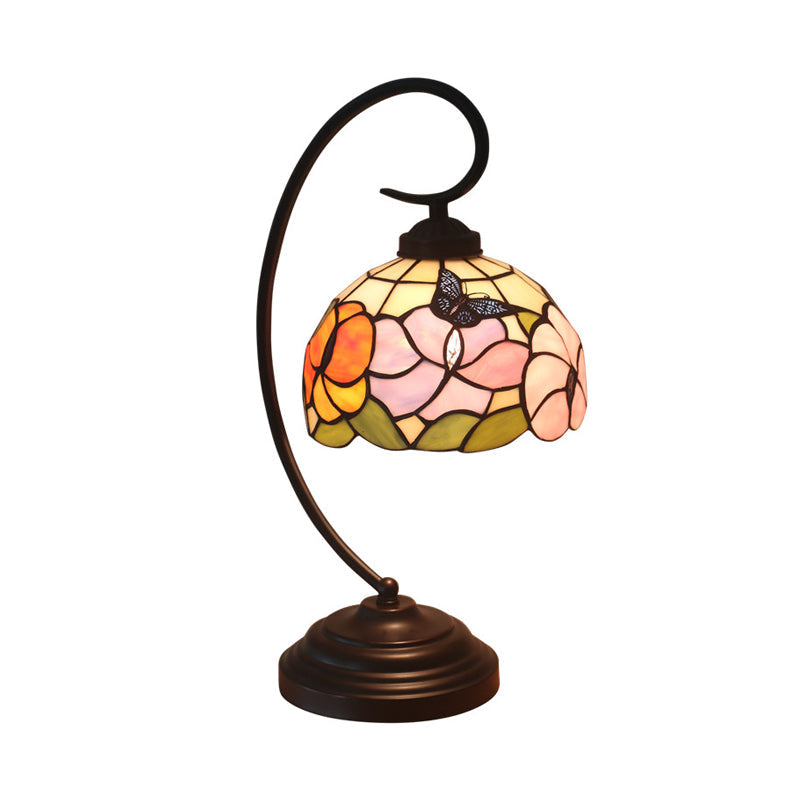 Victorian Stained Glass Nightstand Light - Pink/Purple Flower Pattern With Swirl Arm