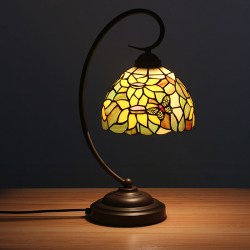 Red/Yellow Tiffany Style Hand Cut Glass Night Table Lamp With Blossom Pattern - Ideal Desk Lighting