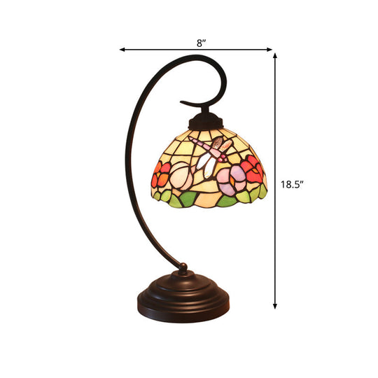 Mediterranean Cut Glass Domed Night Table Lamp - Dark Coffee Dragonfly And Flower Patterned Desk