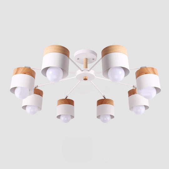 8 - Light Modern White Metal And Wood Semi Flush Chandelier - Stylish Ceiling Light Fixture