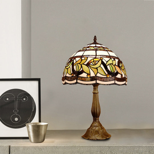 Samantha - Head 1 Dome Table Lamp Baroque Style Yellow/Green/Orange Stained Glass Nightstand With