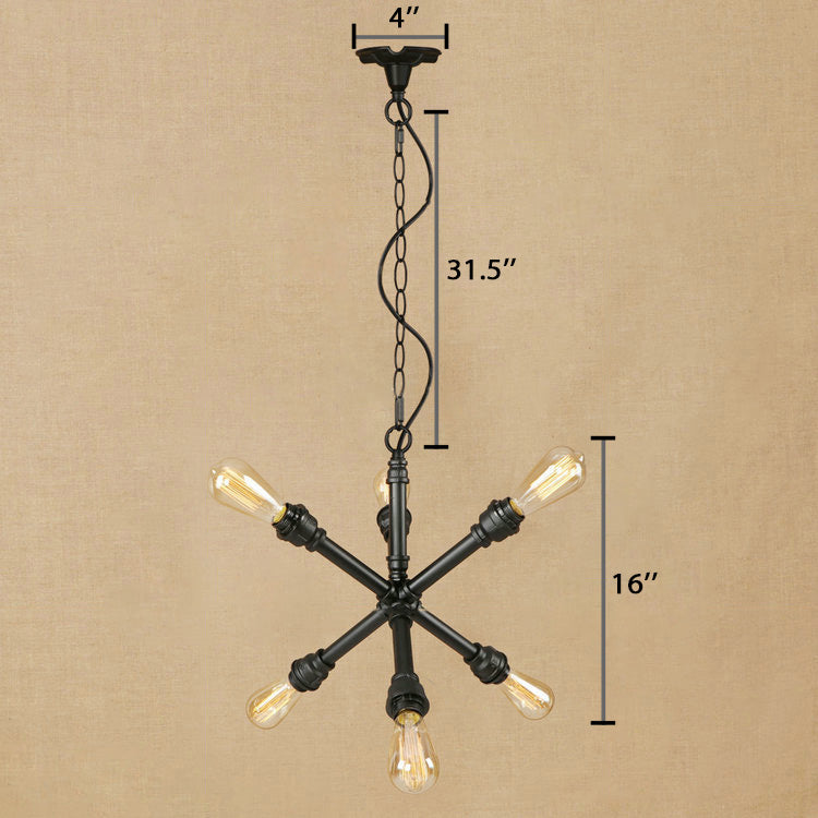 Industrial Sputnik Pendant Chandelier In Black With 6-Light & Water Pipe Detail