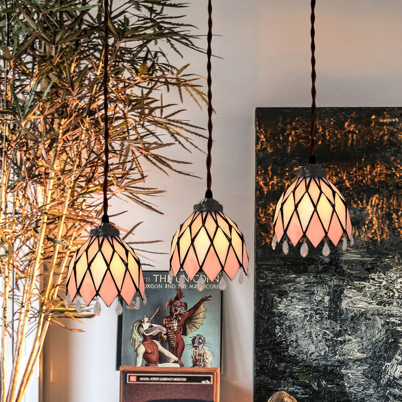 Baroque Style Pink Stained Glass Pendant Light Kit For Dining Room With 3 Bulbs / Bowl