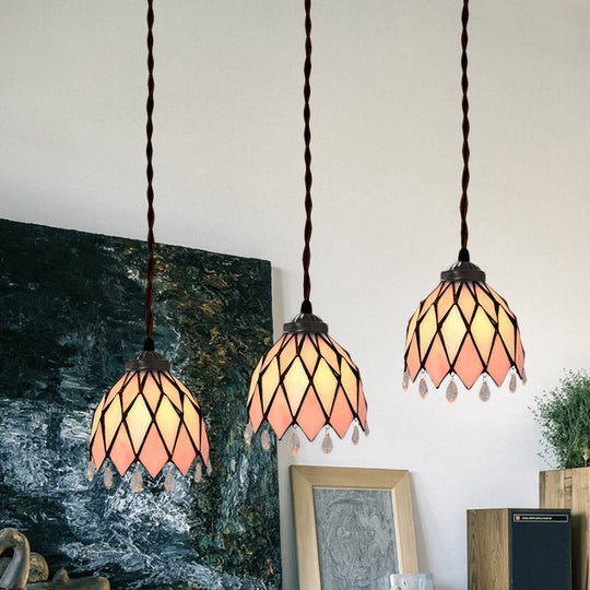 Baroque Style Pink Stained Glass Pendant Light Kit For Dining Room With 3 Bulbs