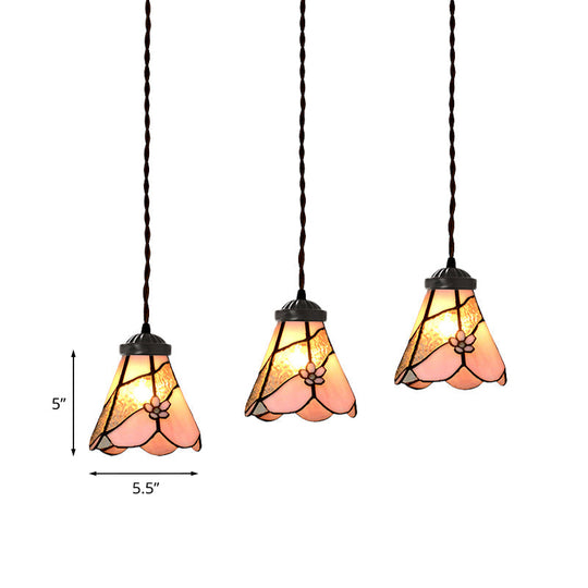 Baroque Style Pink Stained Glass Pendant Light Kit For Dining Room With 3 Bulbs