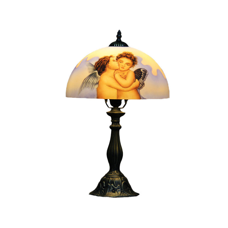 Sara - Stained Bowl Glass Nightstand Lamp Victorian 1 Head Bronze Angel Patterned Desk