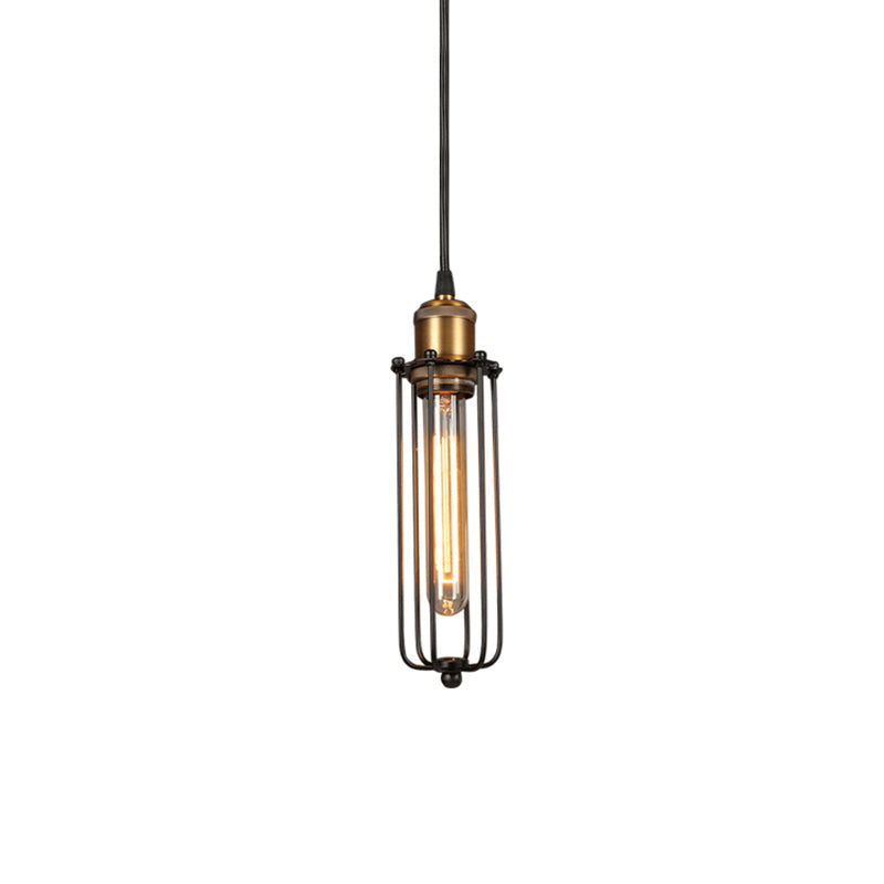 Industrial Brass Finish Tubed Pendant Lighting With Cage Shade - 1 Head Metal Hanging Ceiling Light