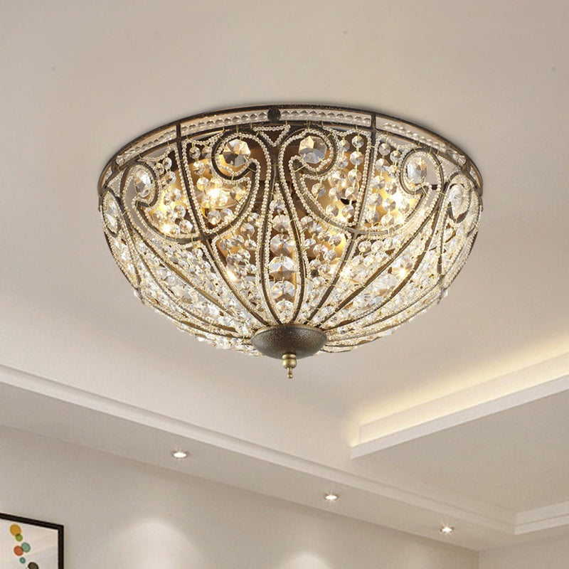 Vintage Antique Bronze Ceiling Light With Beveled Crystal And 3-Bulb Flush Mount For Hallways