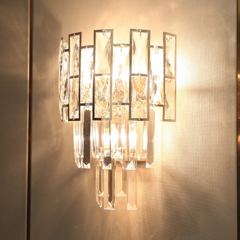Gold Wall Mounted Sconce Light With Clear K9 Crystal | Traditional Layered Design 3 Heads Perfect