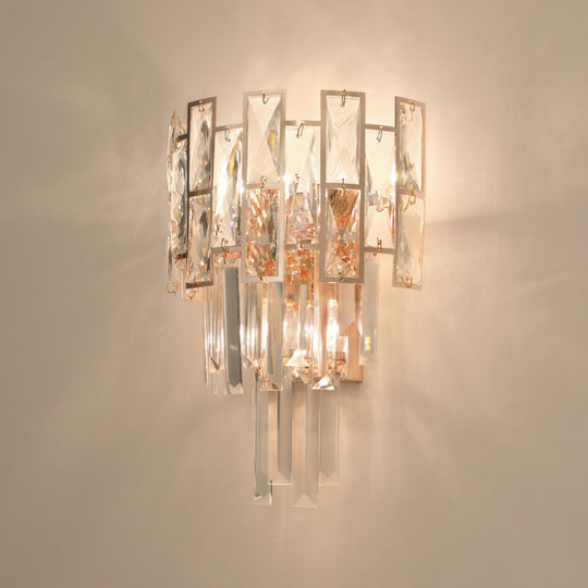 Gold Wall Mounted Sconce Light With Clear K9 Crystal | Traditional Layered Design 3 Heads Perfect