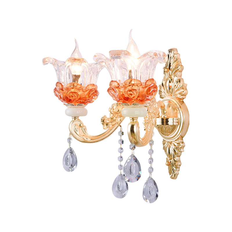 Classic Crystal Wall Light With Carved Arm And Backplate - 2 Lights Candlestick Sconce Lamp In