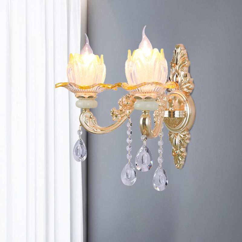 Classic Crystal Wall Light With Carved Arm And Backplate - 2 Lights Candlestick Sconce Lamp In