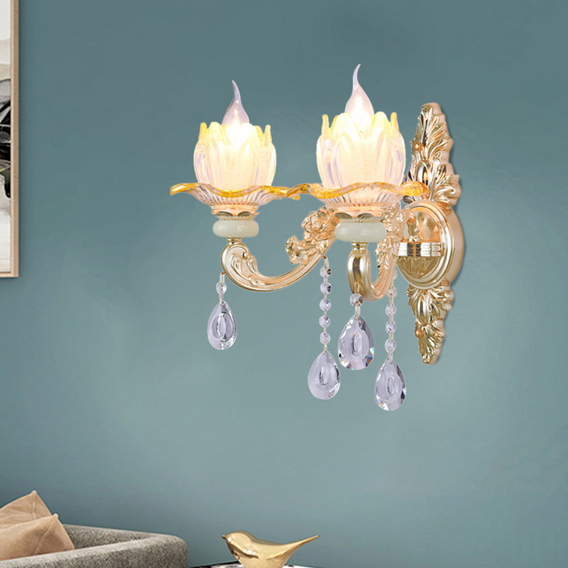Classic Crystal Wall Light With Carved Arm And Backplate - 2 Lights Candlestick Sconce Lamp In