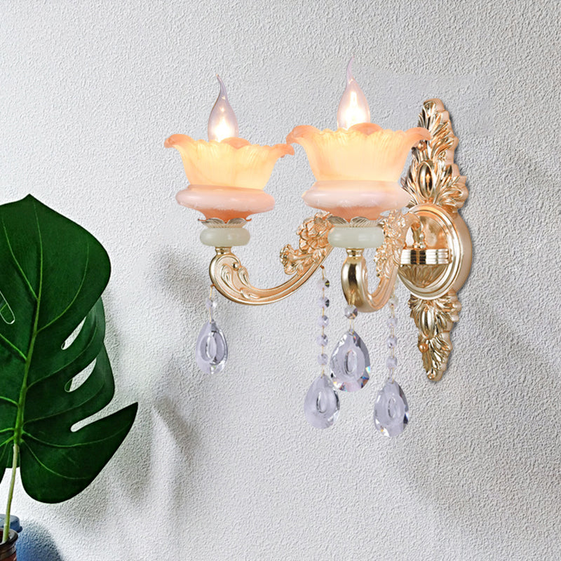 Classic Crystal Wall Light With Carved Arm And Backplate - 2 Lights Candlestick Sconce Lamp In