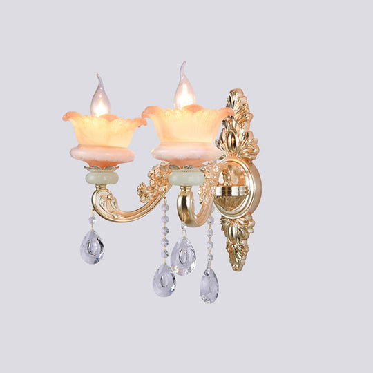 Classic Crystal Wall Light With Carved Arm And Backplate - 2 Lights Candlestick Sconce Lamp In