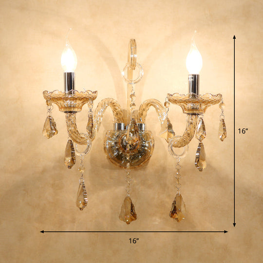 Crystal Cognac Candle Wall Sconce With Curved Glass Arm For Living Room Antique 2 Bulbs
