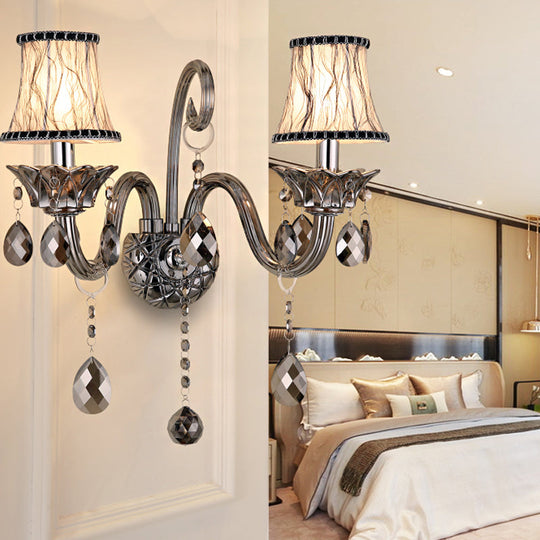 Vintage Smoke Gray Crystal Bell Sconce - Half-Bulb Retro Wall Lamp With Fabric Shade For Living Room