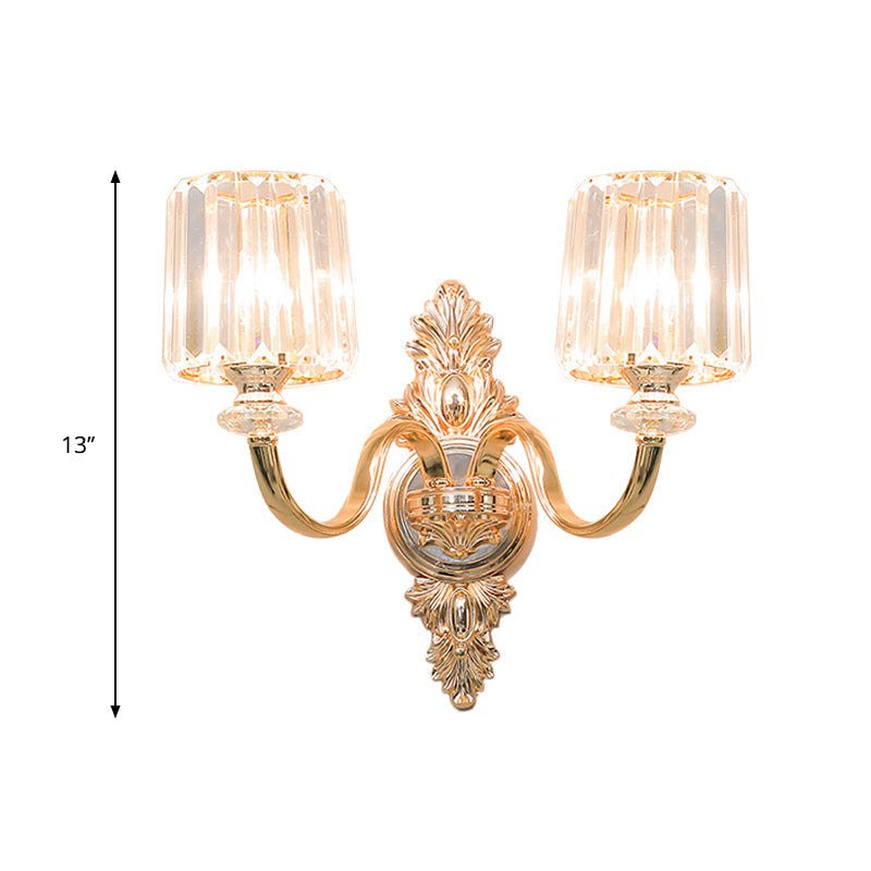 Gold Retro Crystal Block Wall Sconce With 2-Bulb Cylinder & Carved Backplate