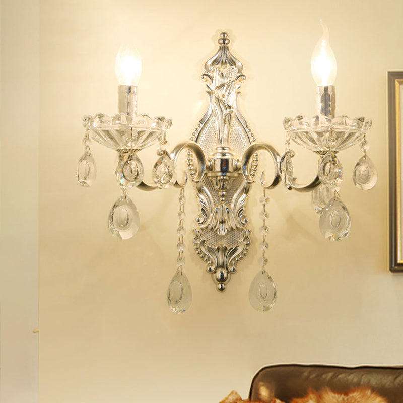 Traditional Silver Wall Lamp With 2 Light And Faceted Crystal Candelabra For Elegant Mounting
